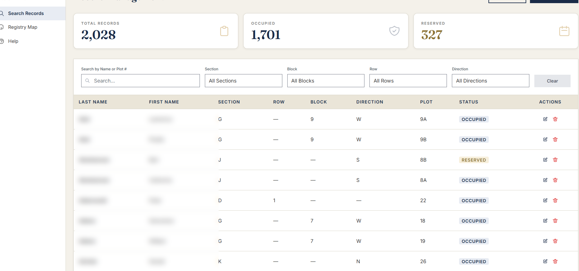 An admin dashboard showing total, occupied and reserved records, with a searchable table