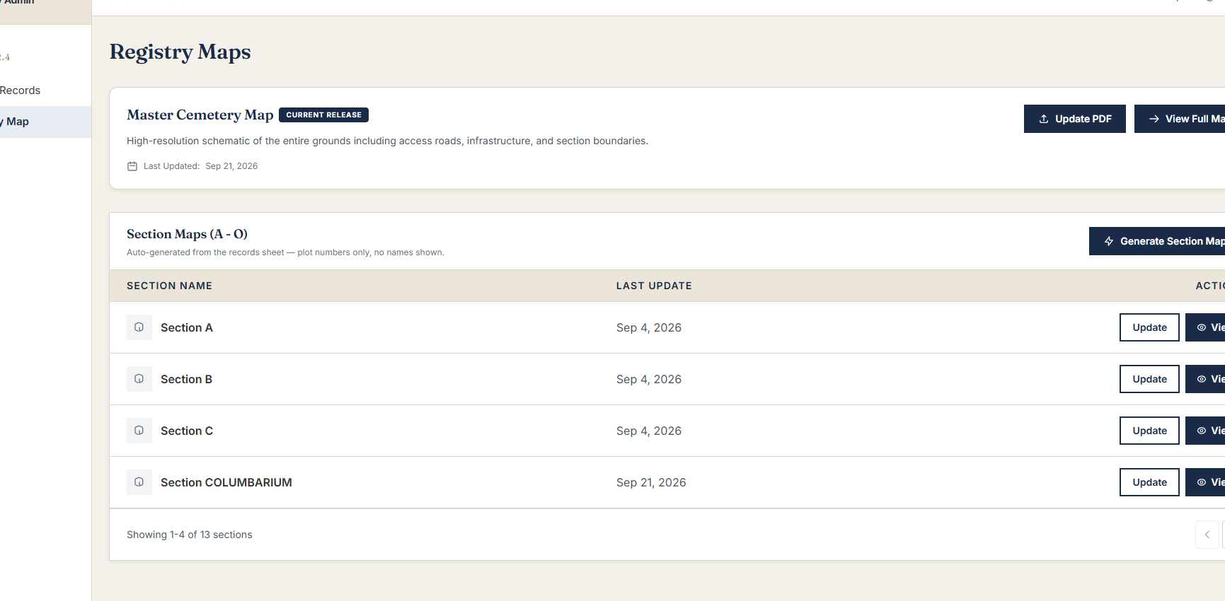 An admin page listing section maps with an update button for each