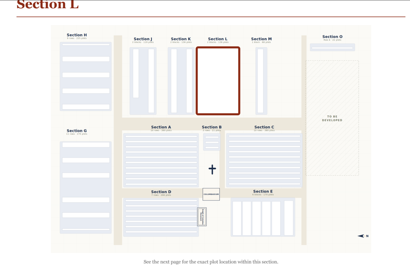 A cemetery map with one section outlined in red