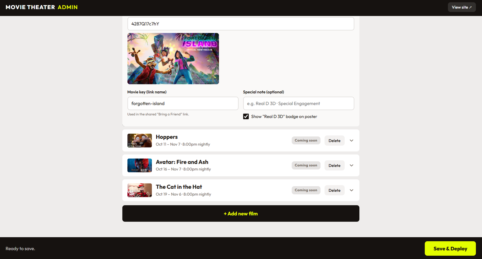 The film edit form with a poster preview, a movie key, a special note field and Save and Deploy button
