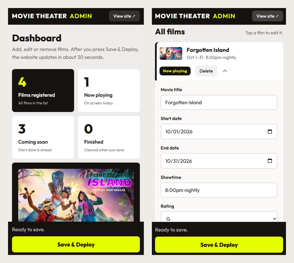 The admin dashboard and a film edit form on a phone, with Save and Deploy at the bottom