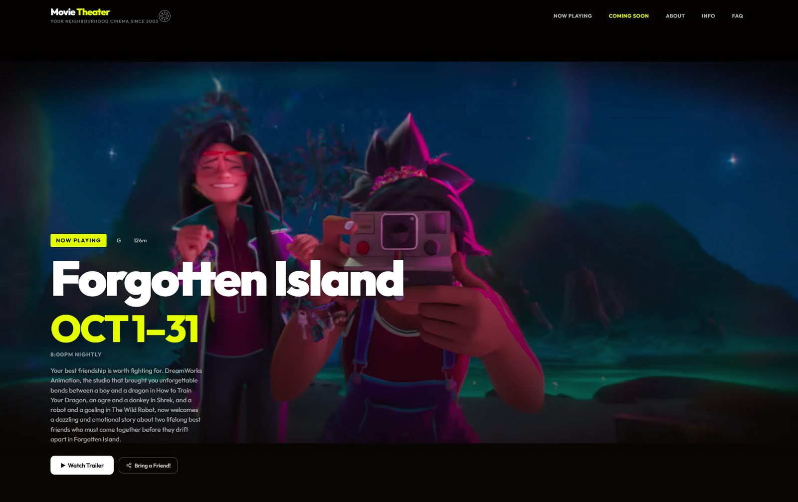 Screenshot of Movie theater site with a Bring a Friend button