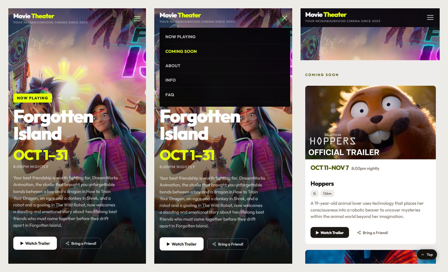 Three phone screens: the homepage, the open menu, and a coming-soon film card