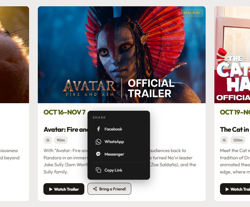 The Bring a Friend menu open on a film card, with Facebook, WhatsApp, Messenger and Copy Link