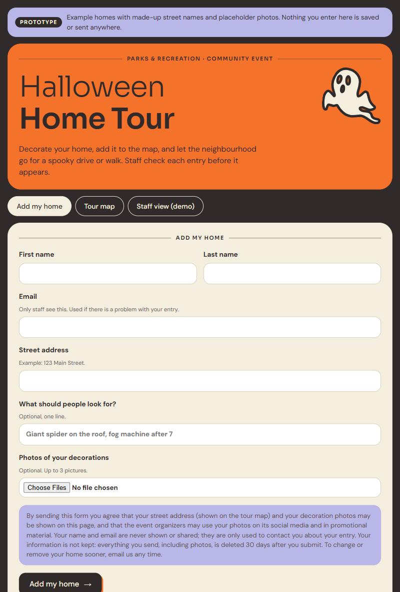 The sign-up form with name, email, address, a short note, a photo upload and a consent notice