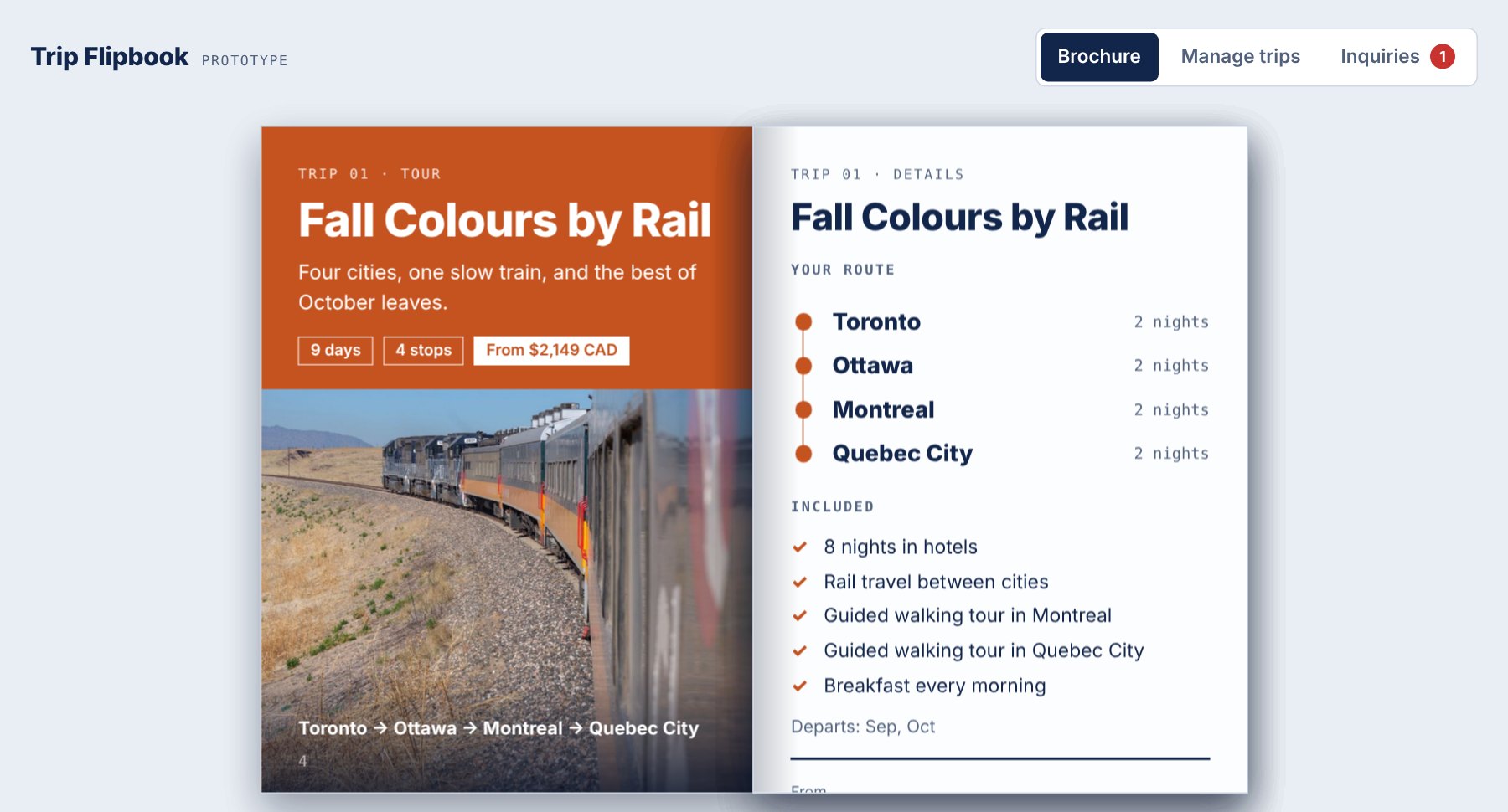 Screenshot of Flipbook brochure with a trip manager page